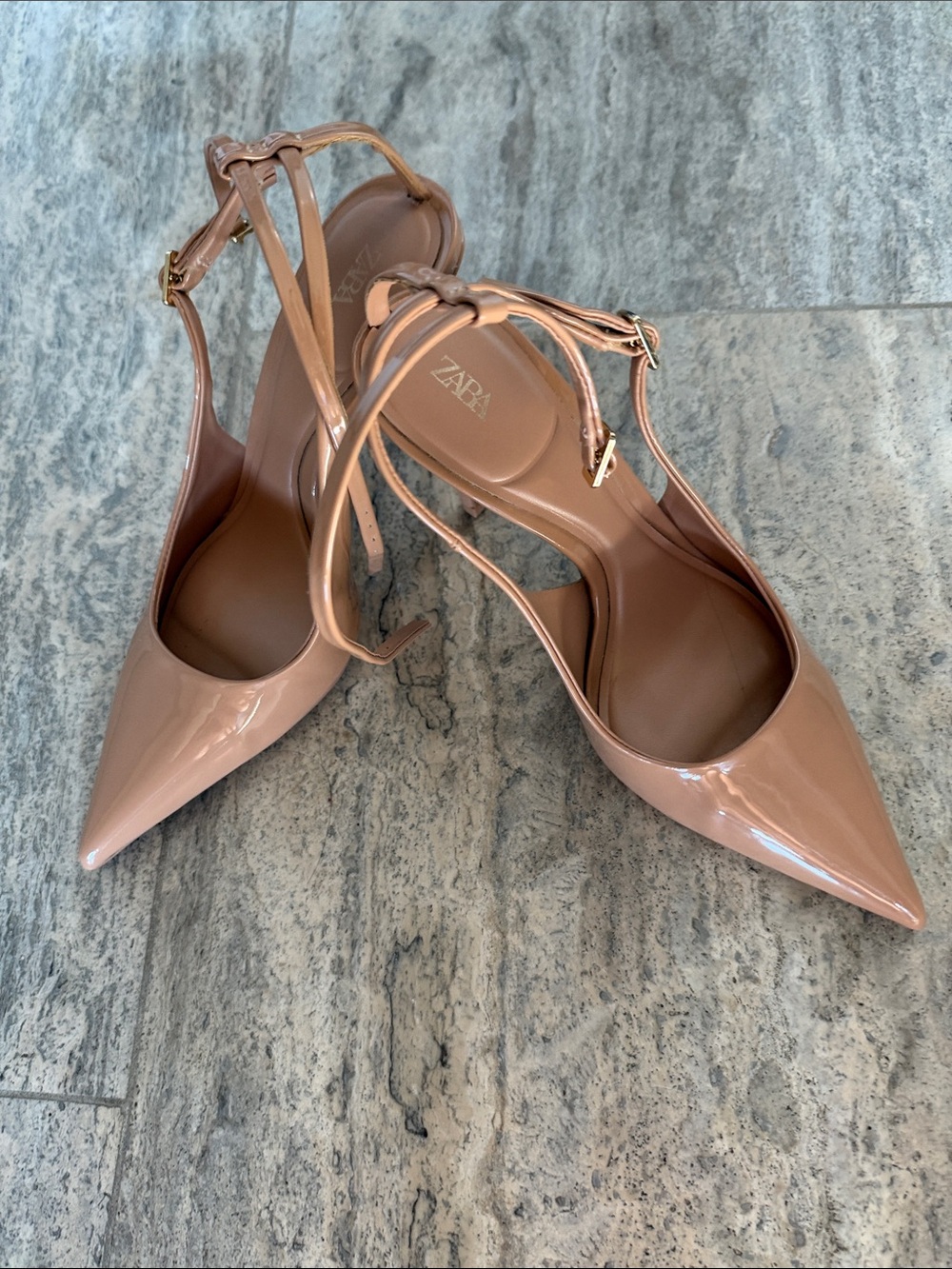 ZARA Patent Pointed-Toe Slingback Heels in Tan